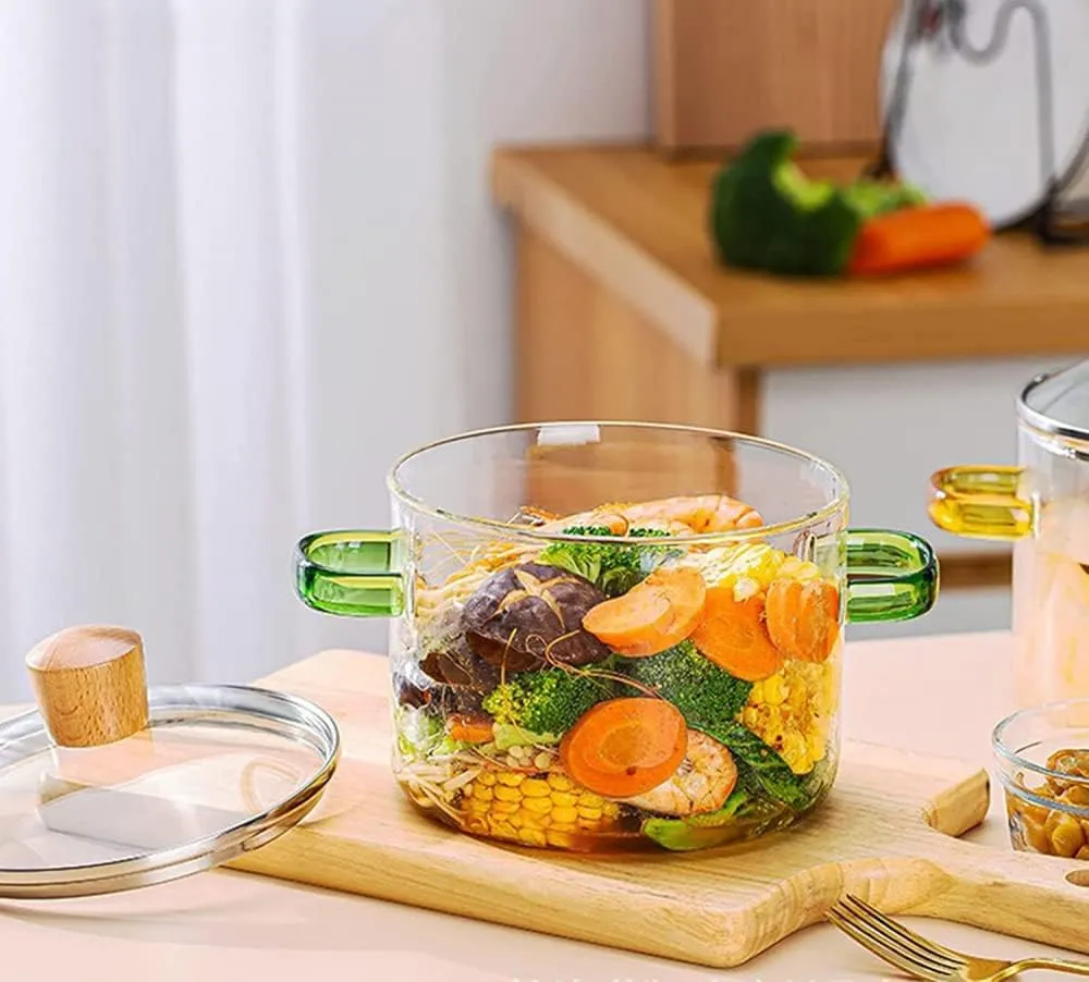 Stockpot in Glass Kitchen Pot with Transparent Saucepan the Best Heat Resistant Handmade Cookware Set for Pasta Noodle, Soup, Milk-2.3Lgreen