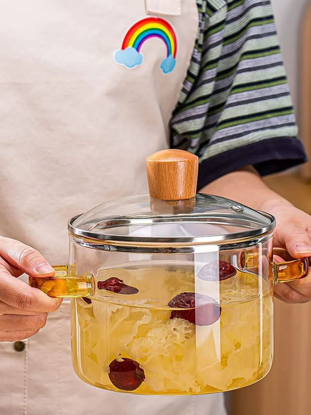 Stockpot in Glass Kitchen Pot with Transparent Saucepan the Best Heat Resistant Handmade Cookware Set for Pasta Noodle, Soup, Milk-2.3Lgreen