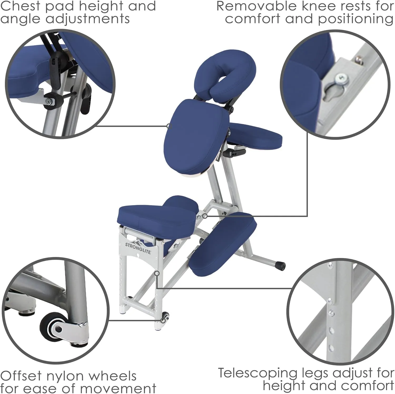 STRONGLITE Portable Massage Chair Ergo Pro II - Ultra-Strong, Lightweight, Foldable Tattoo Spa Chair with Wheels & Carry Case (600lbs Working Weight), Sapphire