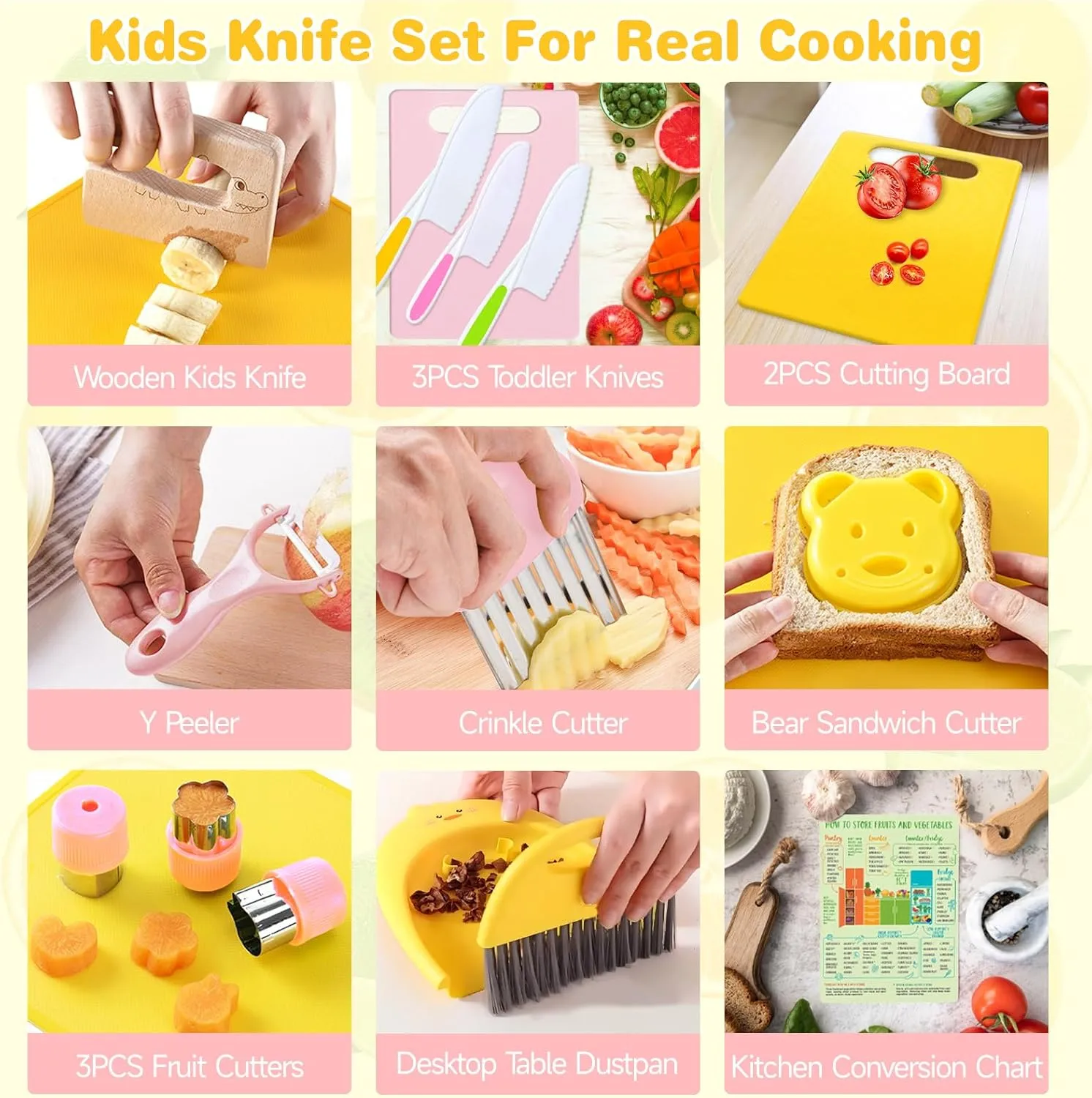 Suhctuptx Kids Knife Set for Real Cooking, Kids Kitchen Knives with Cutting Board Crinkle Cutters Cleaning Tools, Toddler Kitchen Toys Christmas Birthday Gifts for Girls Boy Age 2-10