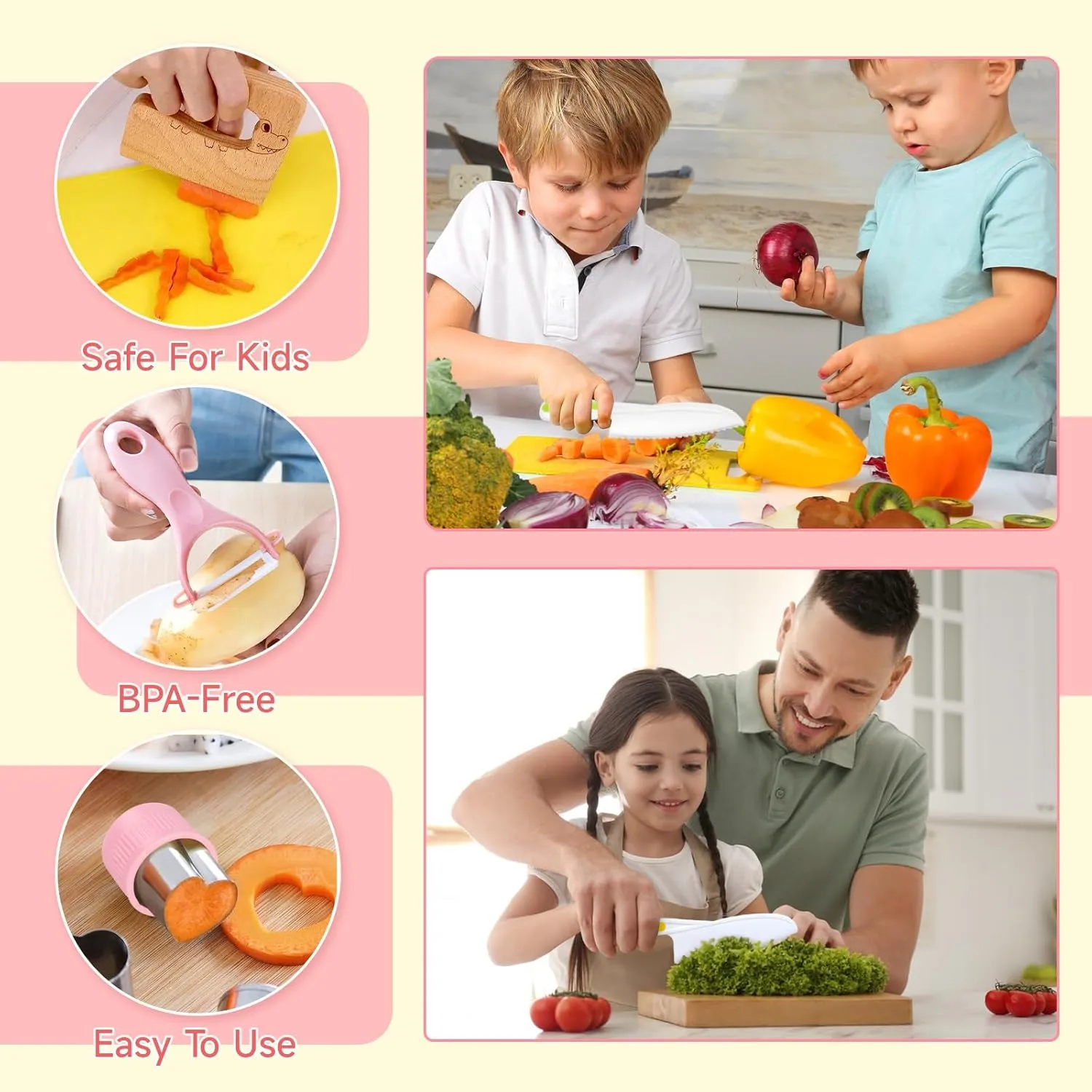 Suhctuptx Kids Knife Set for Real Cooking, Kids Kitchen Knives with Cutting Board Crinkle Cutters Cleaning Tools, Toddler Kitchen Toys Christmas Birthday Gifts for Girls Boy Age 2-10