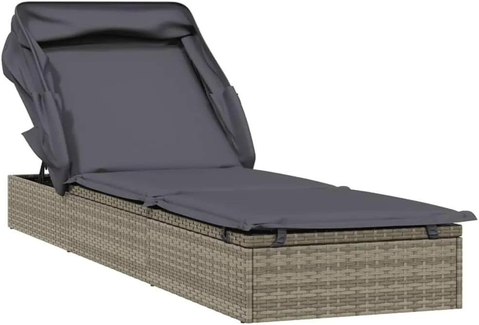 Sunbed with Foldable Roof Gray 83.9"x24.8"x38.2" Poly Rattanpatio Chairs Recliner Chair Tanning Chair Camping chairsSuitable for Gardens, courtyards