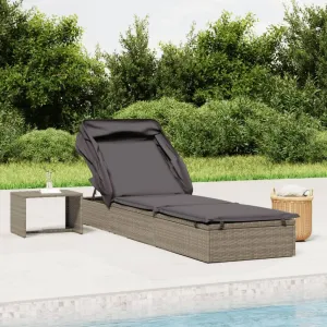 Sunbed with Foldable Roof Gray 83.9"x24.8"x38.2" Poly Rattanpatio Chairs Recliner Chair Tanning Chair Camping chairsSuitable for Gardens, courtyards