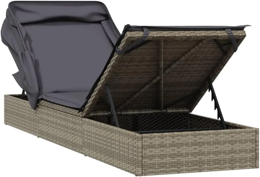 Sunbed with Foldable Roof Gray 83.9"x24.8"x38.2" Poly Rattanpatio Chairs Recliner Chair Tanning Chair Camping chairsSuitable for Gardens, courtyards