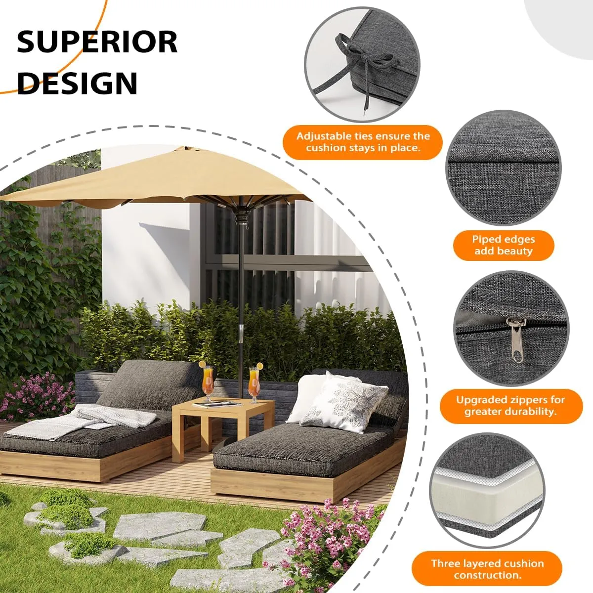Sundale Outdoor Olefin Chaise Lounge Cushion, Water-Resistant Patio Lounge Chair Cushion, Thick Lounger Pad with 8 Straps Medium Gray, 80 x 26 x 4 Inches