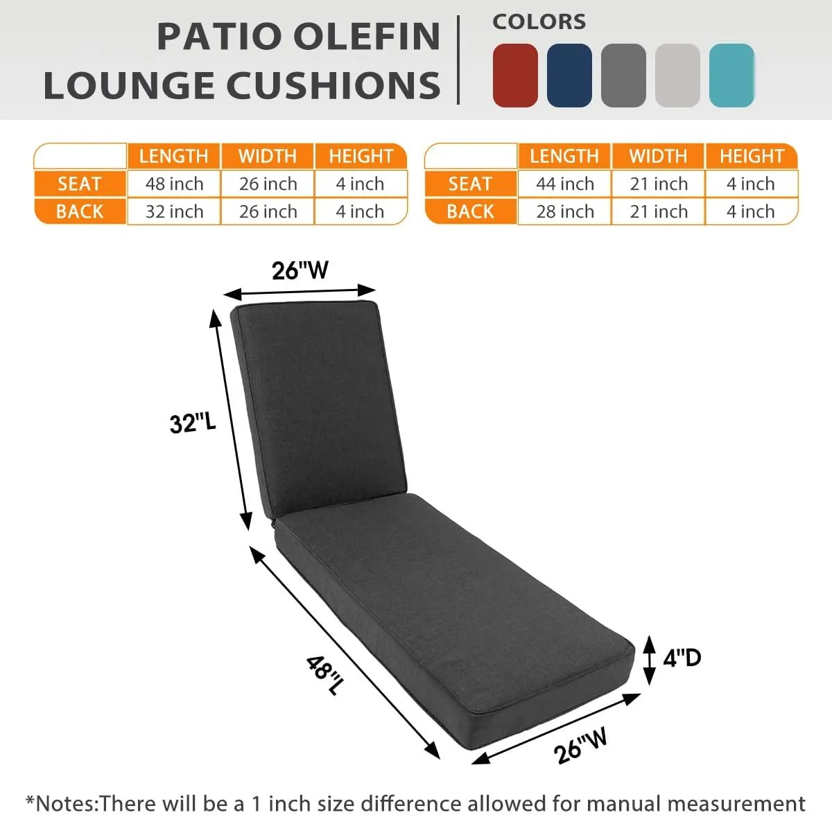 Sundale Outdoor Olefin Chaise Lounge Cushion, Water-Resistant Patio Lounge Chair Cushion, Thick Lounger Pad with 8 Straps Medium Gray, 80 x 26 x 4 Inches
