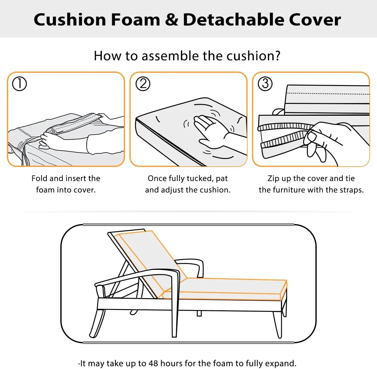 Sundale Outdoor Olefin Chaise Lounge Cushion, Water-Resistant Patio Lounge Chair Cushion, Thick Lounger Pad with 8 Straps Medium Gray, 80 x 26 x 4 Inches