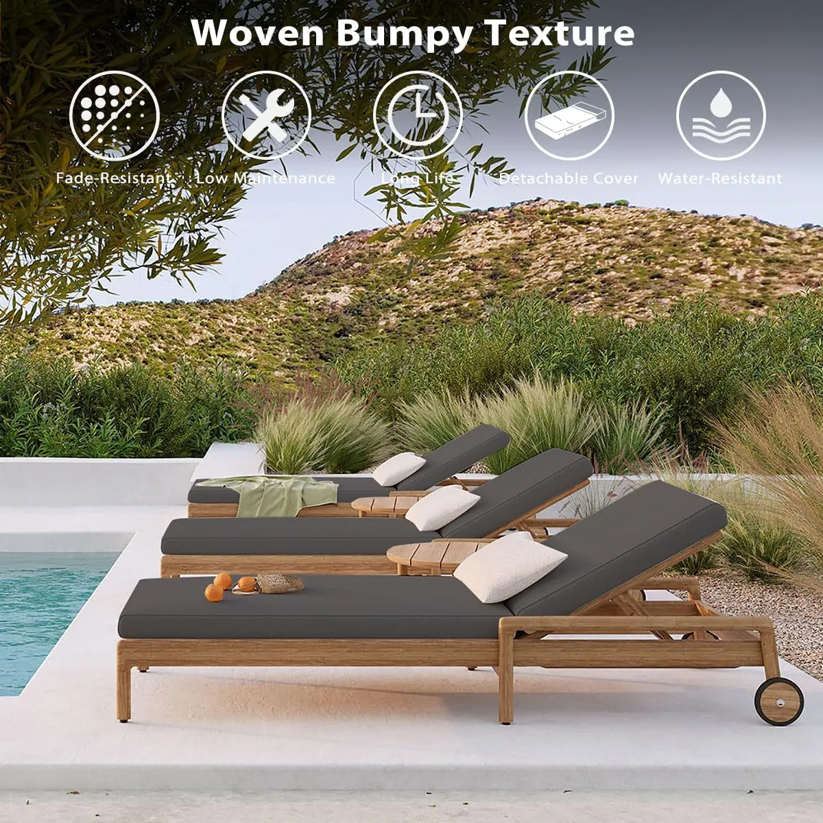 Sundale Outdoor Olefin Chaise Lounge Cushion, Water-Resistant Patio Lounge Chair Cushion, Thick Lounger Pad with 8 Straps Medium Gray, 80 x 26 x 4 Inches