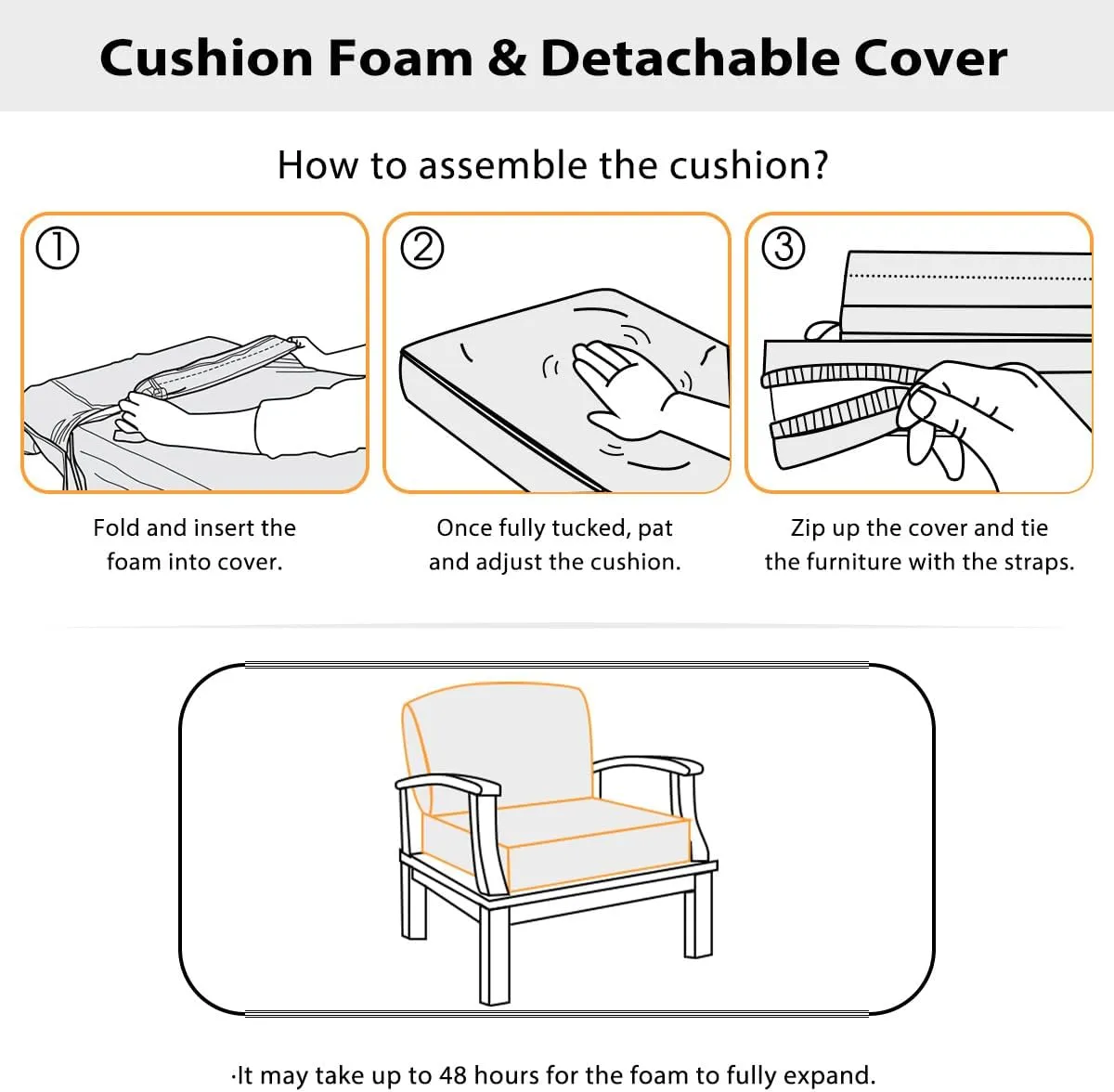 Sundale Outdoor Olefin Deep Seat Cushion Set of 2, Patio Chair Cushion and Pillow, Water-Resistant Sectional Sofa Pad with Straps Navy Blue, 24 x 24 x 6 Inches