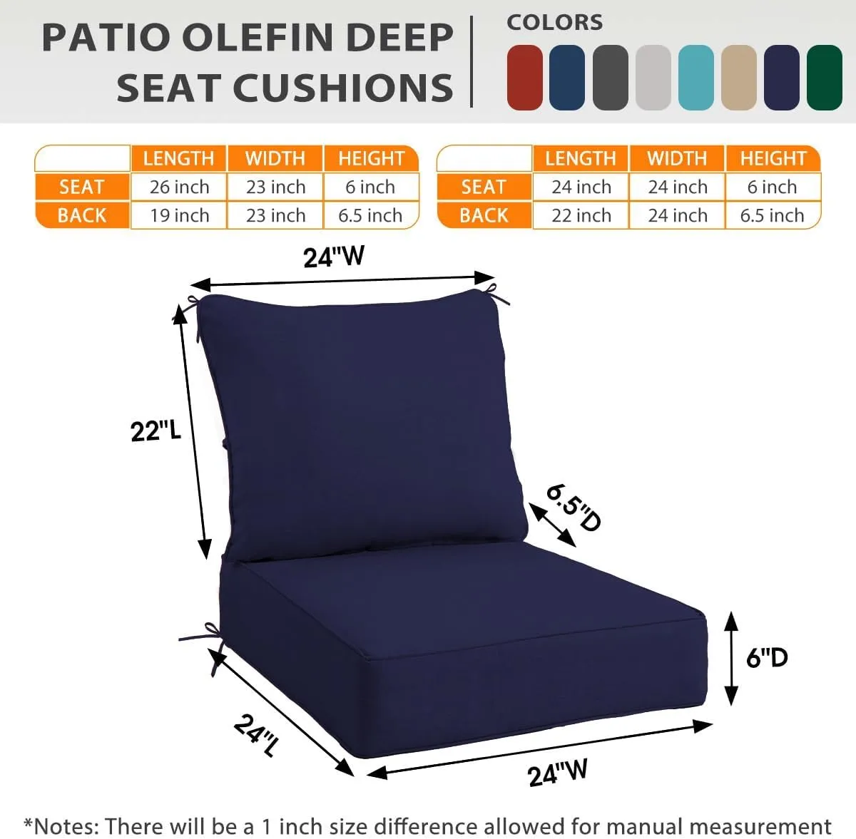 Sundale Outdoor Olefin Deep Seat Cushion Set of 2, Patio Chair Cushion and Pillow, Water-Resistant Sectional Sofa Pad with Straps Navy Blue, 24 x 24 x 6 Inches
