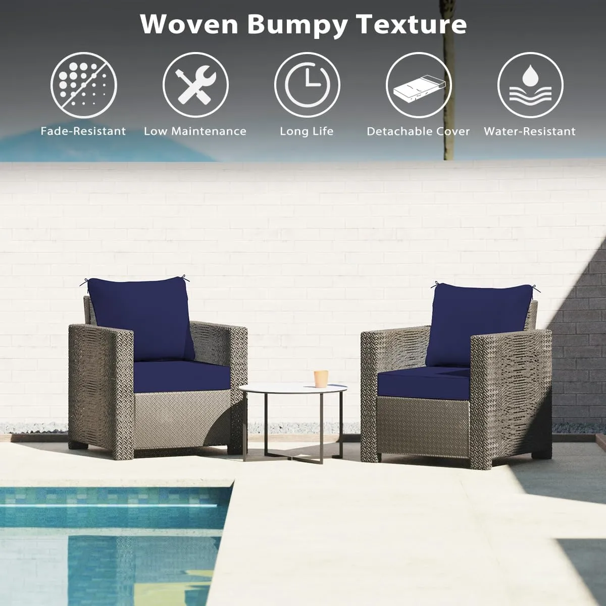 Sundale Outdoor Olefin Deep Seat Cushion Set of 2, Patio Chair Cushion and Pillow, Water-Resistant Sectional Sofa Pad with Straps Navy Blue, 24 x 24 x 6 Inches