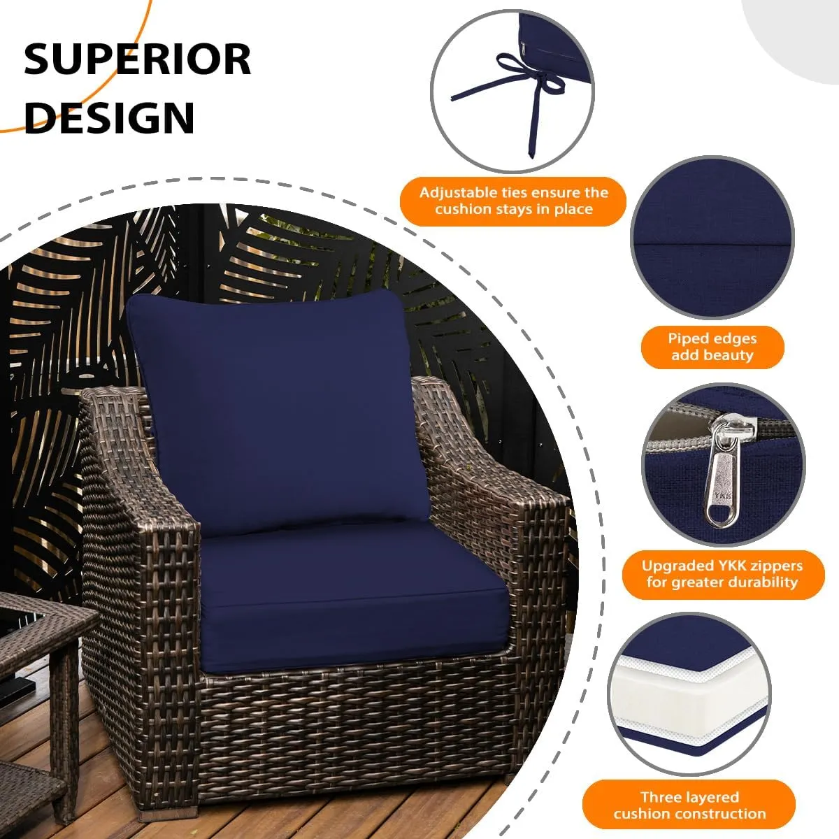 Sundale Outdoor Olefin Deep Seat Cushion Set of 2, Patio Chair Cushion and Pillow, Water-Resistant Sectional Sofa Pad with Straps Navy Blue, 24 x 24 x 6 Inches