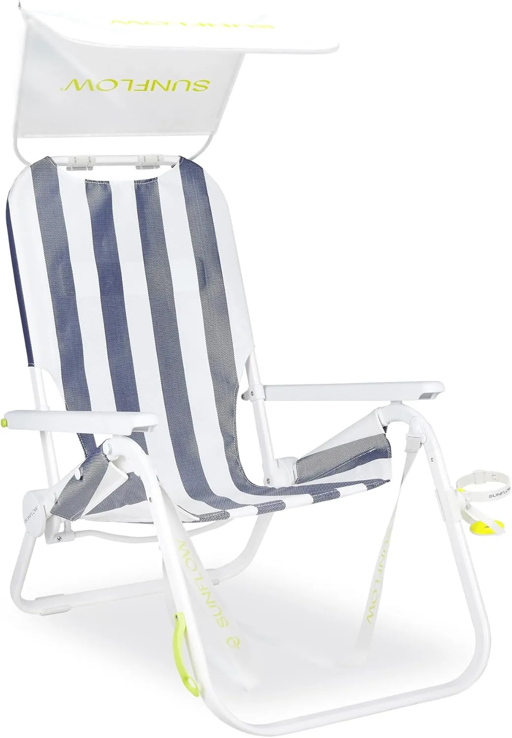 SUNFLOW Shore Thing Premium Beach Chair - Adjustable, Portable, Rust-Resistant, Reclining Beach Chair with UPF 50  Sun Shade and Drink Holder for The Ultimate in Comfort - Deep Blue Stripe