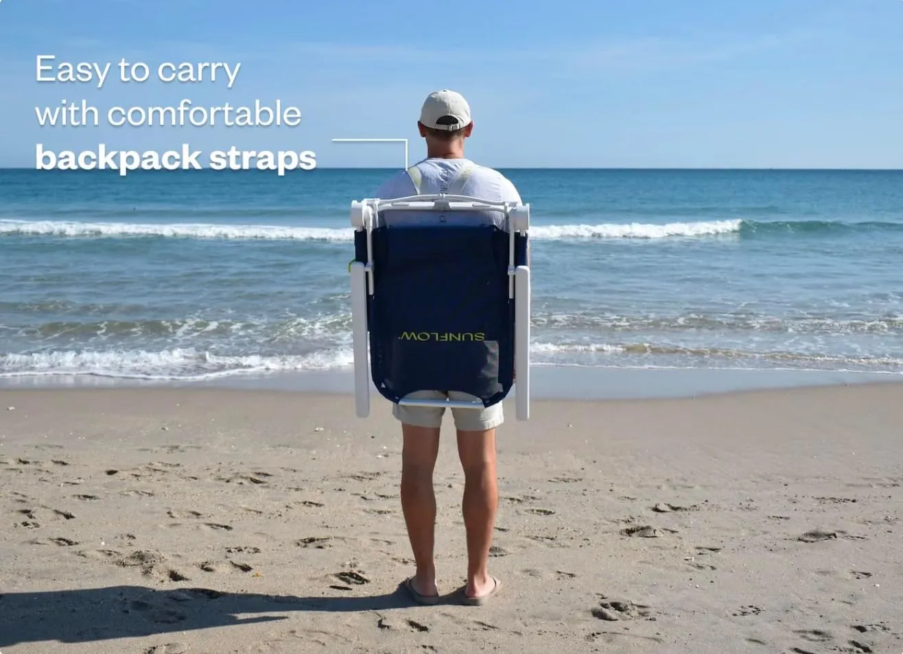 SUNFLOW Shore Thing Premium Beach Chair - Adjustable, Portable, Rust-Resistant, Reclining Beach Chair with UPF 50  Sun Shade and Drink Holder for The Ultimate in Comfort - Deep Blue Stripe