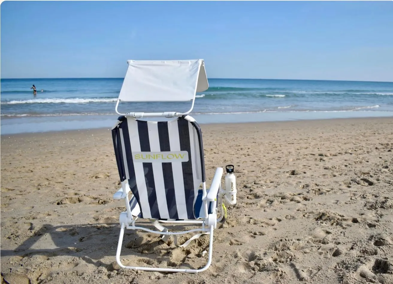 SUNFLOW Shore Thing Premium Beach Chair - Adjustable, Portable, Rust-Resistant, Reclining Beach Chair with UPF 50  Sun Shade and Drink Holder for The Ultimate in Comfort - Deep Blue Stripe