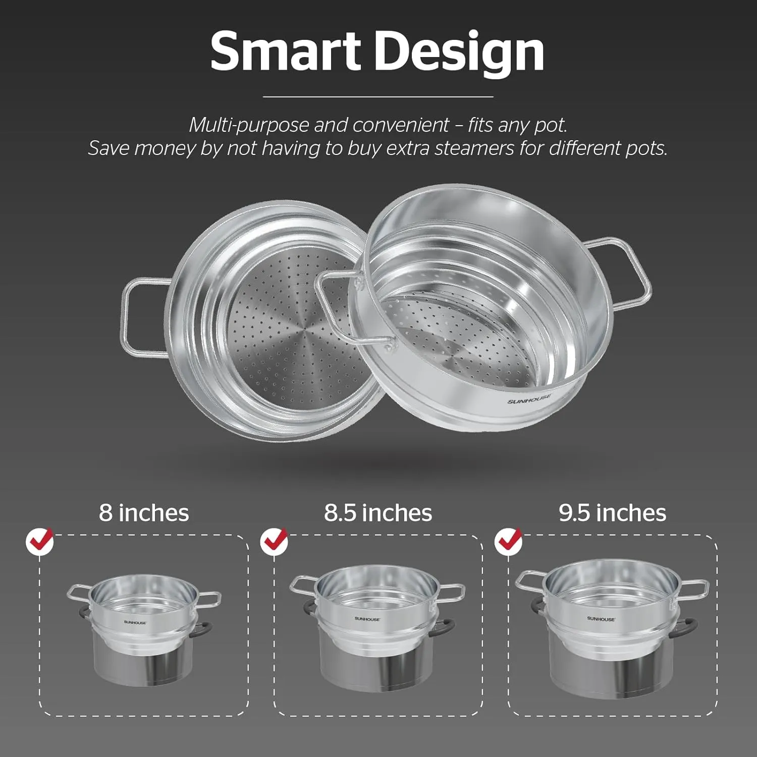 SUNHOUSE 5 Quart Stainless Steel Steamer Insert – Multi-Purpose Soup & Food Steamer with Stay-Cool Handles & Heavy-Duty Glass Lid – Fits Various Pot Sizes (8", 8.5", 9.5")
