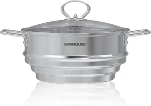 SUNHOUSE 5 Quart Stainless Steel Steamer Insert – Multi-Purpose Soup & Food Steamer with Stay-Cool Handles & Heavy-Duty Glass Lid – Fits Various Pot Sizes (8", 8.5", 9.5")