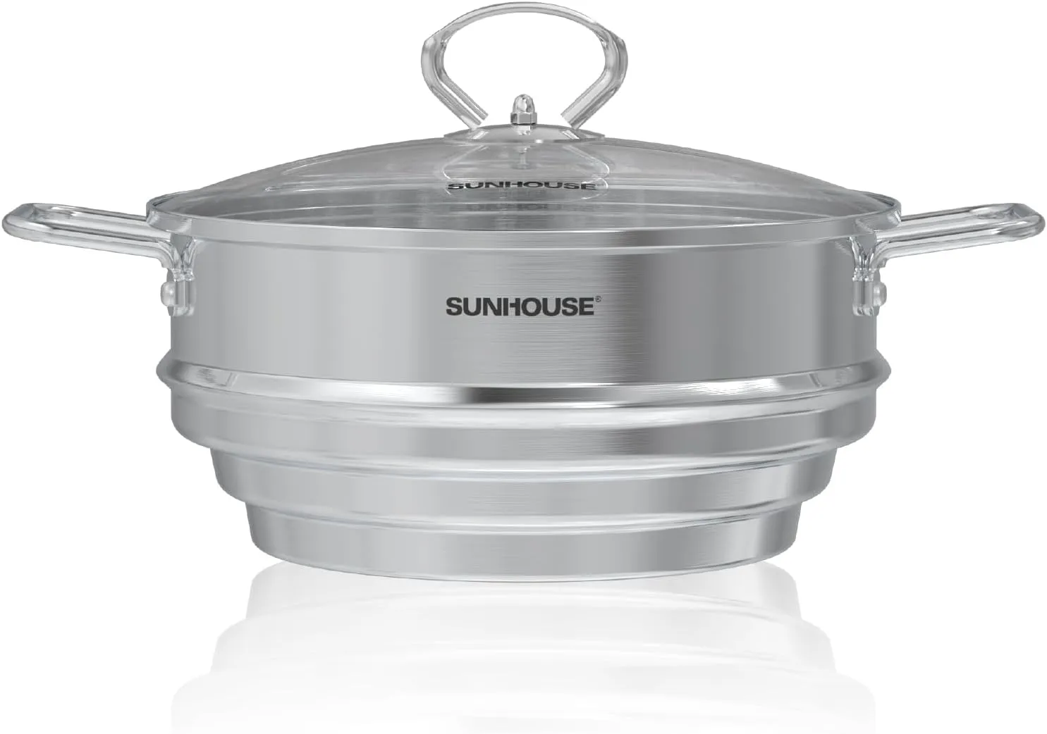 SUNHOUSE 5 Quart Stainless Steel Steamer Insert – Multi-Purpose Soup & Food Steamer with Stay-Cool Handles & Heavy-Duty Glass Lid – Fits Various Pot Sizes (8", 8.5", 9.5")