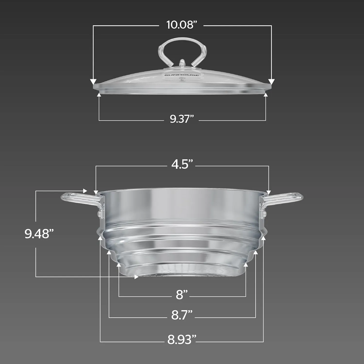 SUNHOUSE 5 Quart Stainless Steel Steamer Insert – Multi-Purpose Soup & Food Steamer with Stay-Cool Handles & Heavy-Duty Glass Lid – Fits Various Pot Sizes (8", 8.5", 9.5")