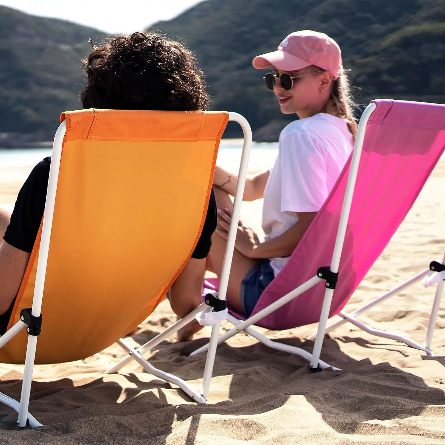 SunnyFeel Folding Low Beach Chair High Back Lightweight, Portable Sand Chair with Pillow for Adults Heavy Duty 300 LBS, Easy-to-Use Foldable Camping Chairs for Camp/Lawn/Outdoor/Travel/Picnic