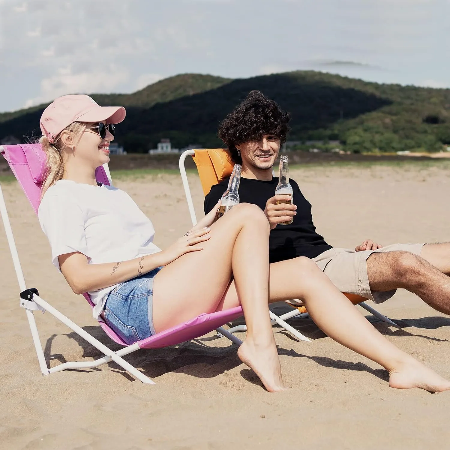 SunnyFeel Folding Low Beach Chair High Back Lightweight, Portable Sand Chair with Pillow for Adults Heavy Duty 300 LBS, Easy-to-Use Foldable Camping Chairs for Camp/Lawn/Outdoor/Travel/Picnic
