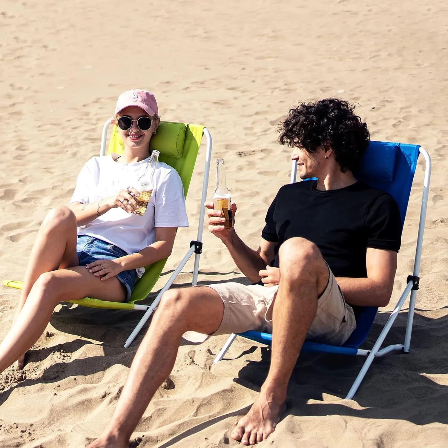 SunnyFeel Folding Low Beach Chair High Back Lightweight, Portable Sand Chair with Pillow for Adults Heavy Duty 300 LBS, Easy-to-Use Foldable Camping Chairs for Camp/Lawn/Outdoor/Travel/Picnic