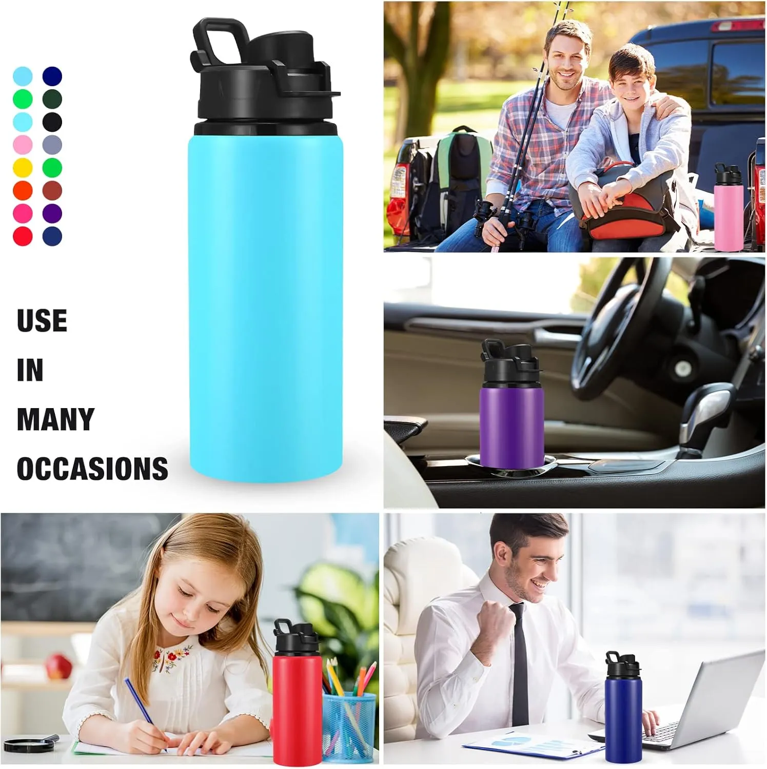 Sunnyray 16 Pcs Aluminum Water Bottle Bulk Multicolor Reusable Sports Bottle with Snap Lids Multipack Vacuum Water Flask for Travel Camping, Picnics, Gym, Hiking, Cycling, Fishing