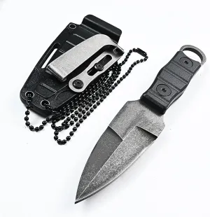 Survival MINI Knife, Full Tang w/Kydex Sheath, Belt Clip and Necklace for Easy Carry, Stonewashing Blade, Good for Camping, Hiking, Fishing, Hunting