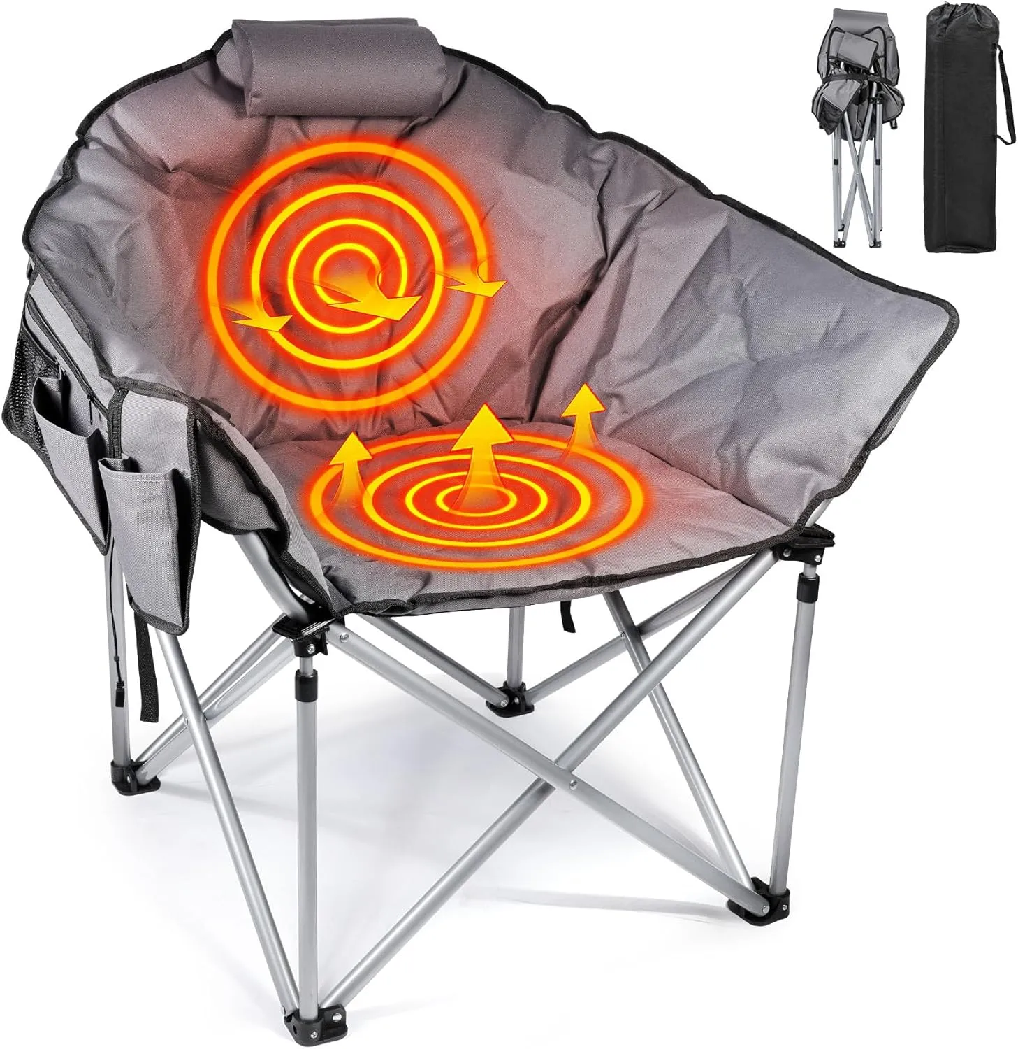 Suteck Heated Camping Chair, Oversized Heated Chairs Outdoor Sports W/3 Heat Levels for Back & Seat, Portable Folding Heated Lawn Chairs for Patio Outdoor Travel, (Battery NOT Included) Grey