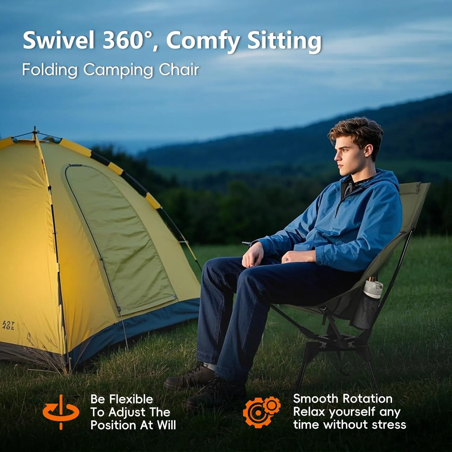 Swivel Folding Chair, High Back Camping Chair with Head Support, Side Cup Pocket, Stable Portable Outdoor Chair for Camp, Travel, Beach, Party, Fishing (Green)