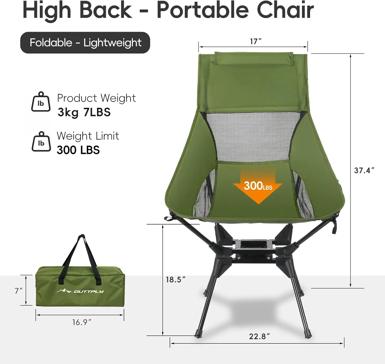 Swivel Folding Chair, High Back Camping Chair with Head Support, Side Cup Pocket, Stable Portable Outdoor Chair for Camp, Travel, Beach, Party, Fishing (Green)