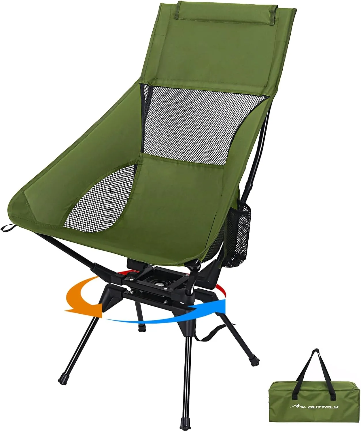 Swivel Folding Chair, High Back Camping Chair with Head Support, Side Cup Pocket, Stable Portable Outdoor Chair for Camp, Travel, Beach, Party, Fishing (Green)