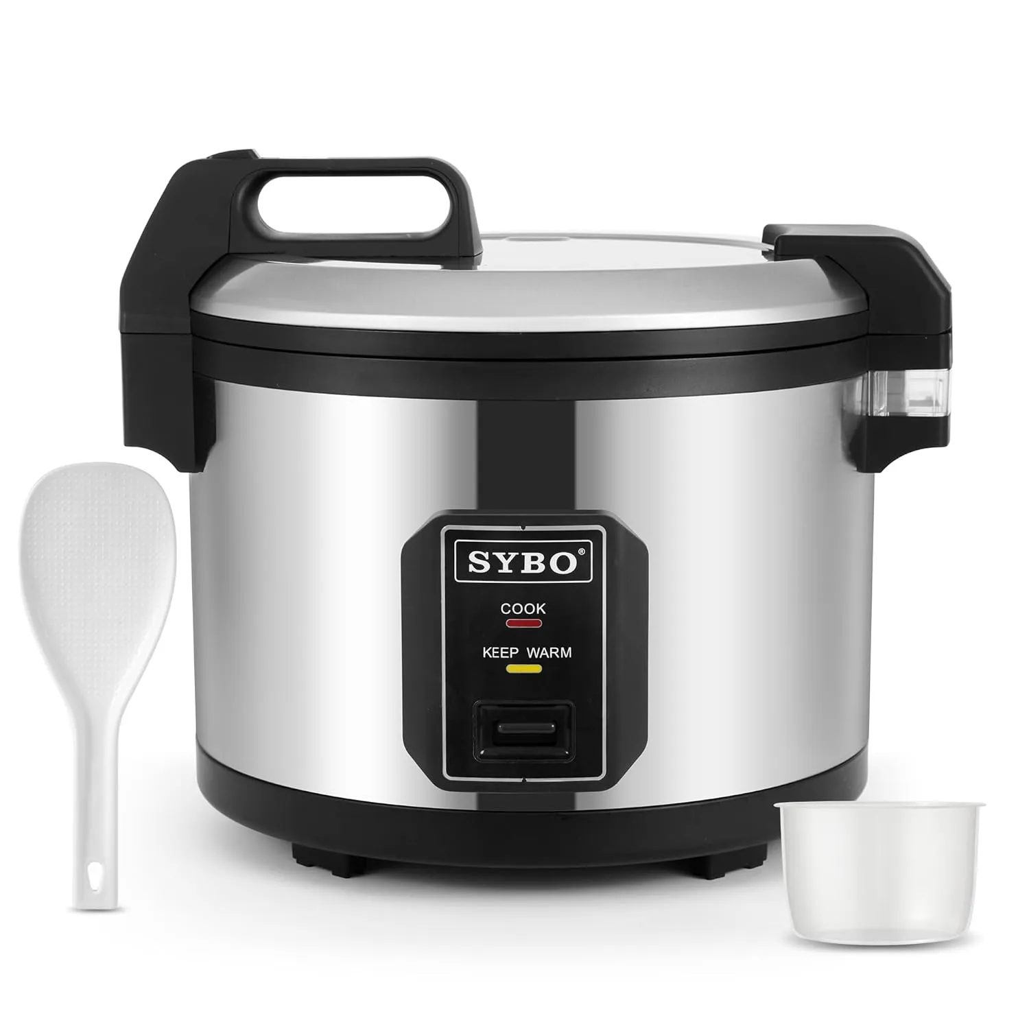 SYBO Commercial Rice Cooker and Warmer, 60 Cups Cooked (30 Cup Uncooked) Large Rice Cooker with Hinged Lid, Non-Stick Insert Pot, Stainless Steel Exterior