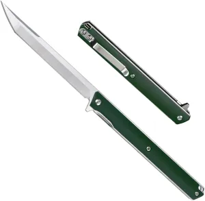 T42 Small Slim Pocket Flipper Knife, 3.5 inches D2 Tanto Blades, Contoured G10 Handle with Liner lock Compact Gentlemen's Folding Utility Tactical EDC, 2oz (Green)