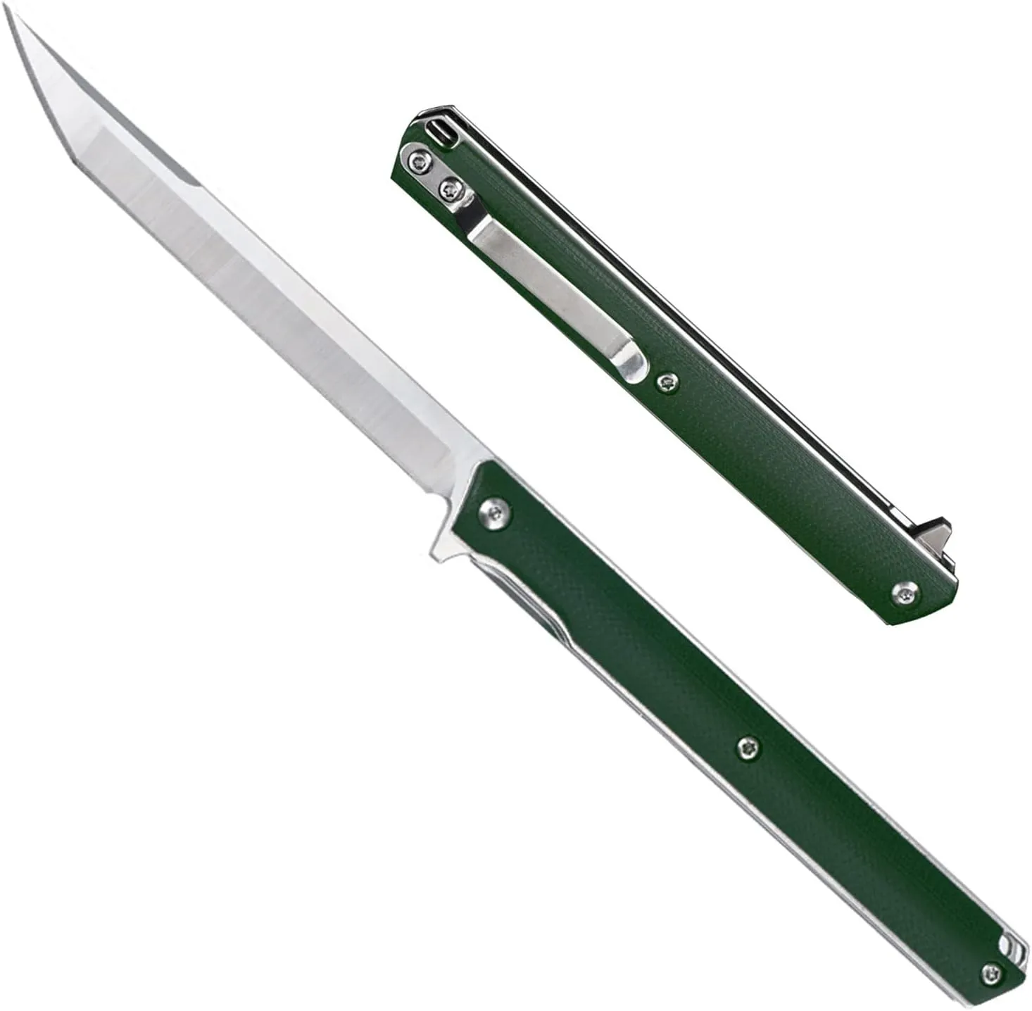 T42 Small Slim Pocket Flipper Knife, 3.5 inches D2 Tanto Blades, Contoured G10 Handle with Liner lock Compact Gentlemen's Folding Utility Tactical EDC, 2oz (Green)