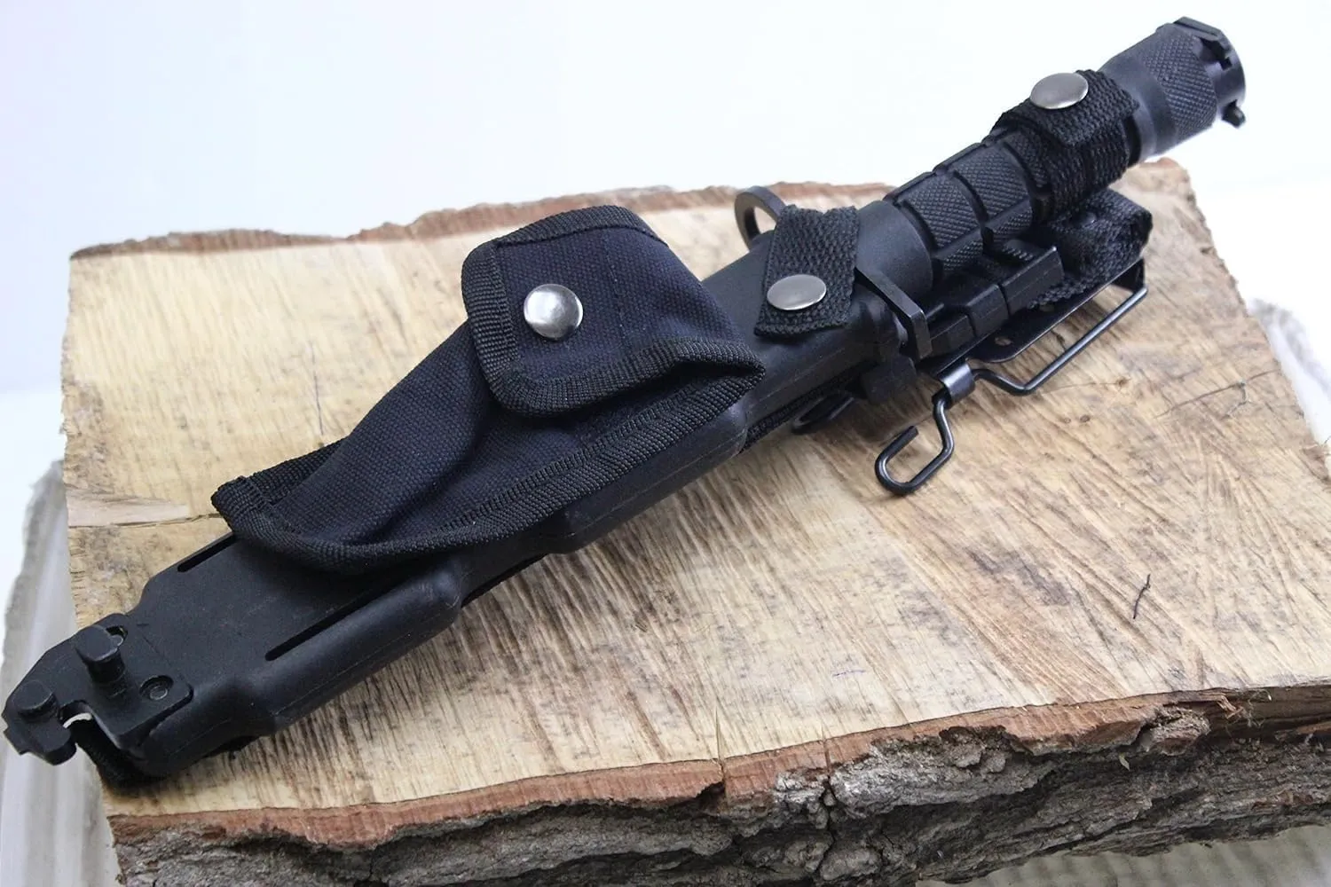 Tactical Hunting Knife with Serrated Edge, Black Blade, Military-Style Sheath W/Table Stand