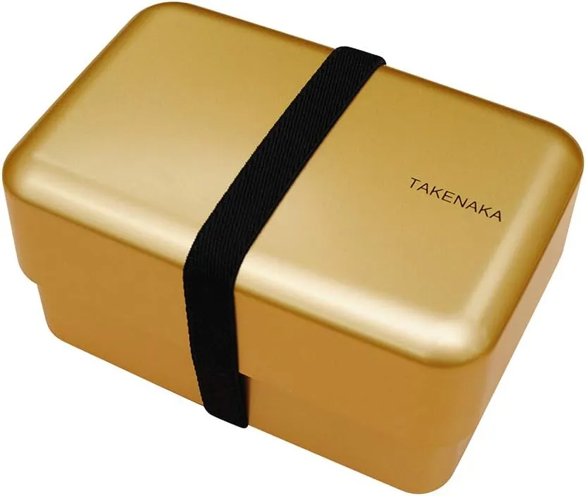 TAKENAKA Bento Nibble Box, Eco-Friendly Lunch Box Made in Japan, BPA and Reed Free, 100% Recycle Plastic Bottle Use, Microwave and Dishwasher Safe, Bento Box (Gold *Band: Orange)