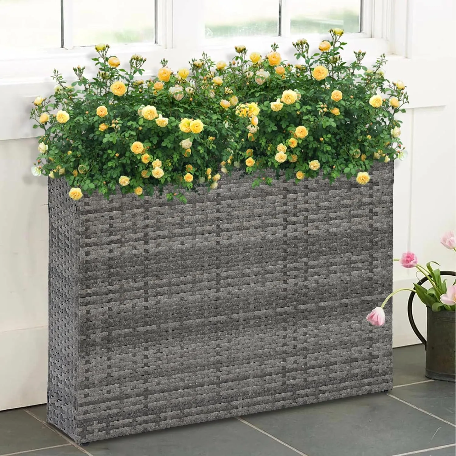 Tall Rectangular Planter with Removable Liner, All-Weather PE Rattan Large Modern Planters Indoor Outdoor Flower Plant Pots Garden Box Patio Yard Front Porch Deck