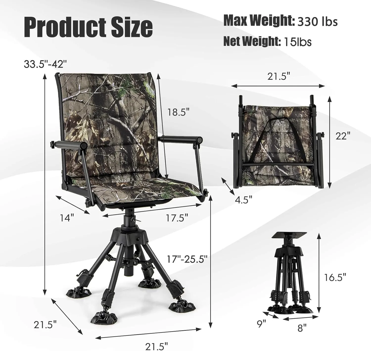 Tangkula Hunting Chair, 360 Degree Silent Swivel Blind Chair with 4 Adjustable Legs, Foot Pads & Armrests, Portable Folding Hunting Chairs for Blinds, Fishing, Camping