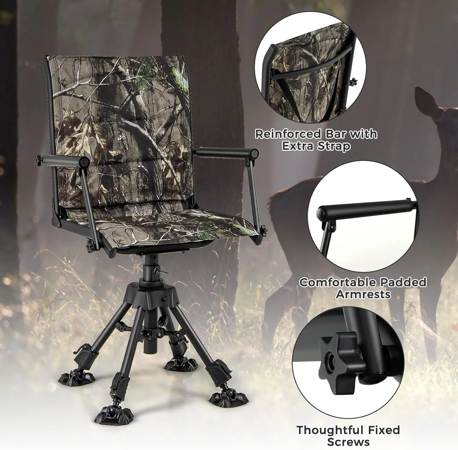 Tangkula Hunting Chair, 360 Degree Silent Swivel Blind Chair with 4 Adjustable Legs, Foot Pads & Armrests, Portable Folding Hunting Chairs for Blinds, Fishing, Camping