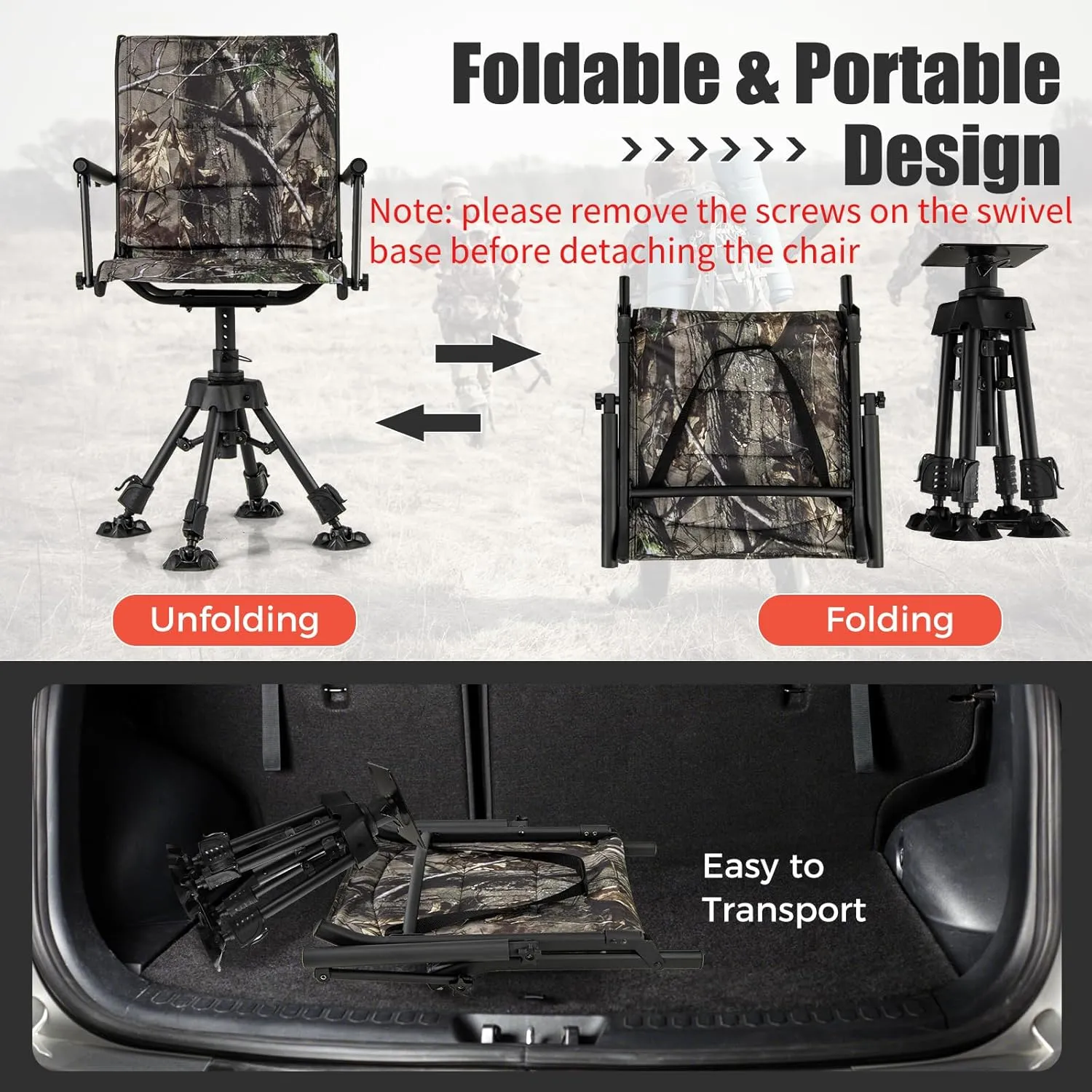 Tangkula Hunting Chair, 360 Degree Silent Swivel Blind Chair with 4 Adjustable Legs, Foot Pads & Armrests, Portable Folding Hunting Chairs for Blinds, Fishing, Camping