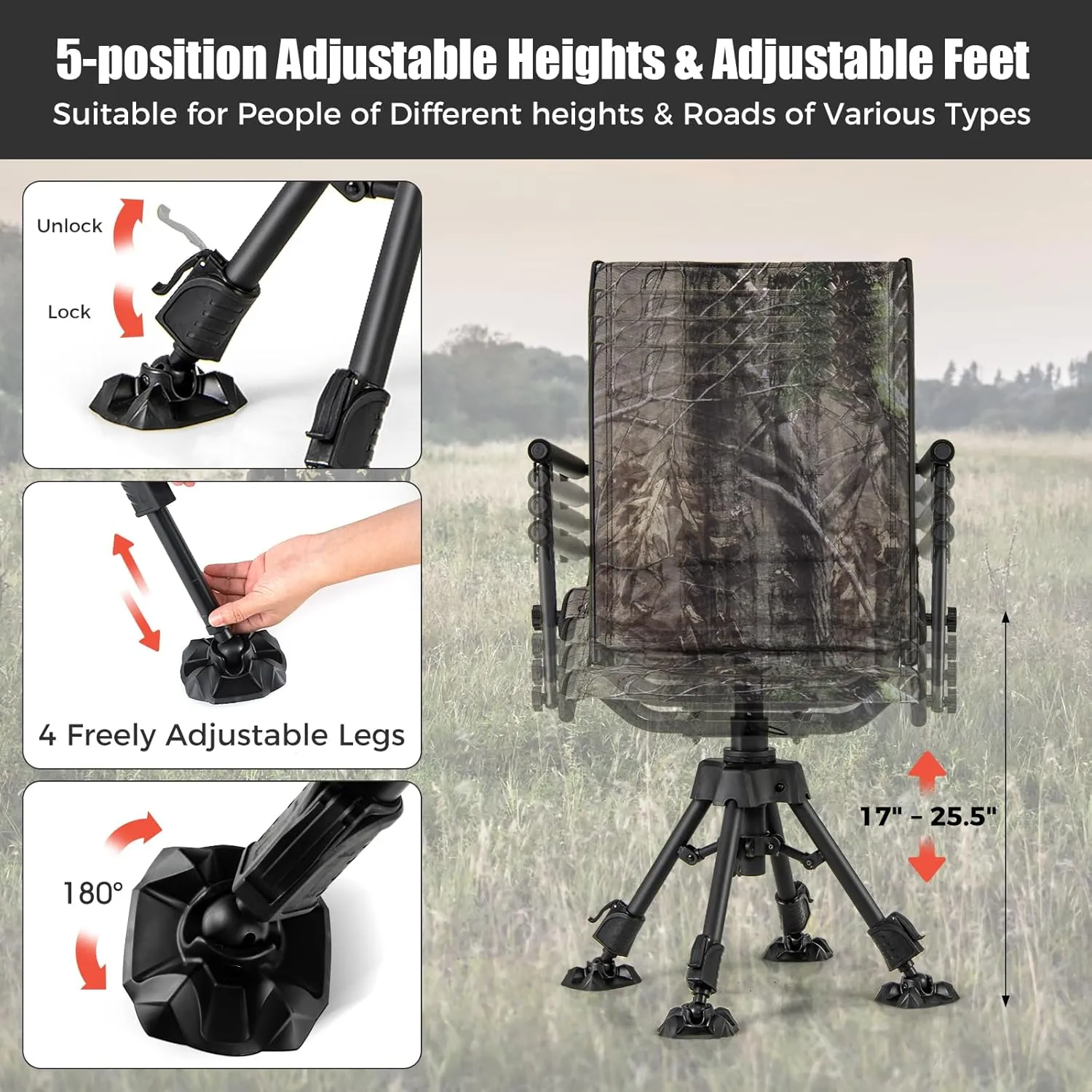 Tangkula Hunting Chair, 360 Degree Silent Swivel Blind Chair with 4 Adjustable Legs, Foot Pads & Armrests, Portable Folding Hunting Chairs for Blinds, Fishing, Camping