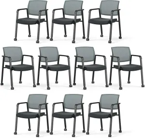 Tangkula Rolling Conference Room Chairs Set of 10, Stackable Office Guest Mesh Chairs with Armrests and Wheels, Ideal for Waiting Room Office, School, Lobby (Grey)