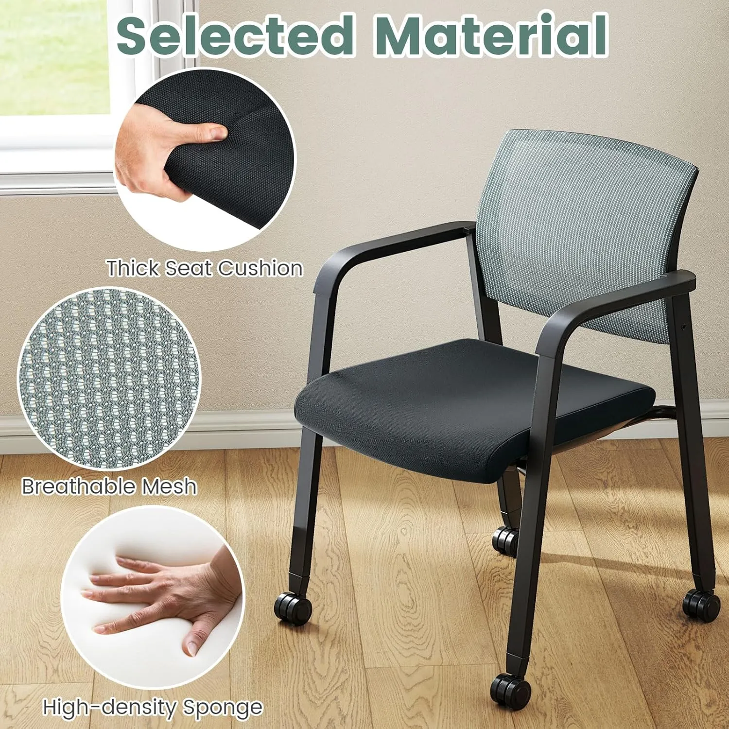 Tangkula Rolling Conference Room Chairs Set of 10, Stackable Office Guest Mesh Chairs with Armrests and Wheels, Ideal for Waiting Room Office, School, Lobby (Grey)