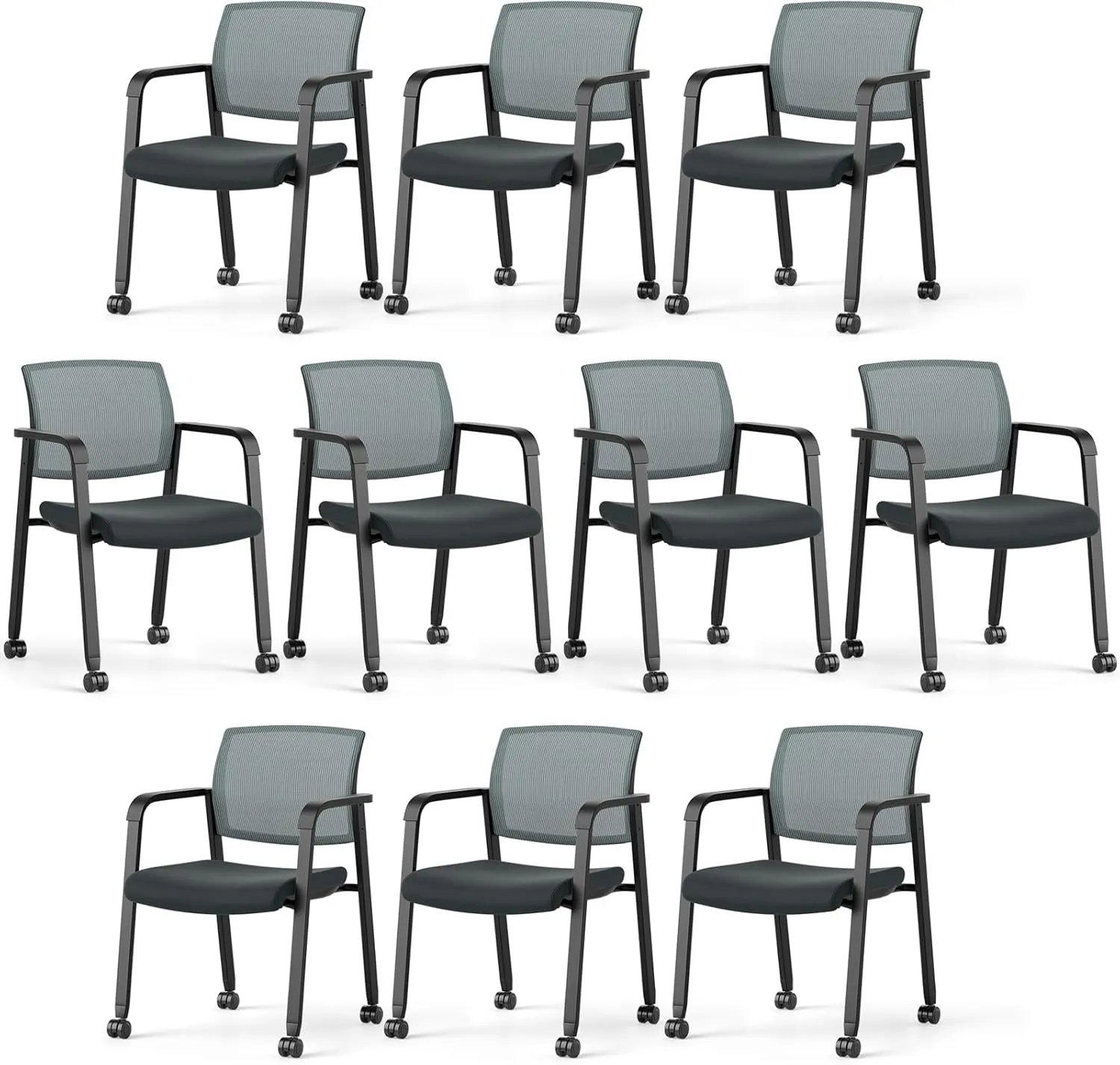Tangkula Rolling Conference Room Chairs Set of 10, Stackable Office Guest Mesh Chairs with Armrests and Wheels, Ideal for Waiting Room Office, School, Lobby (Grey)