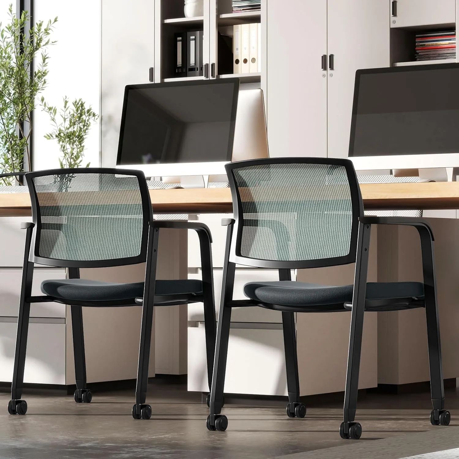 Tangkula Rolling Conference Room Chairs Set of 10, Stackable Office Guest Mesh Chairs with Armrests and Wheels, Ideal for Waiting Room Office, School, Lobby (Grey)