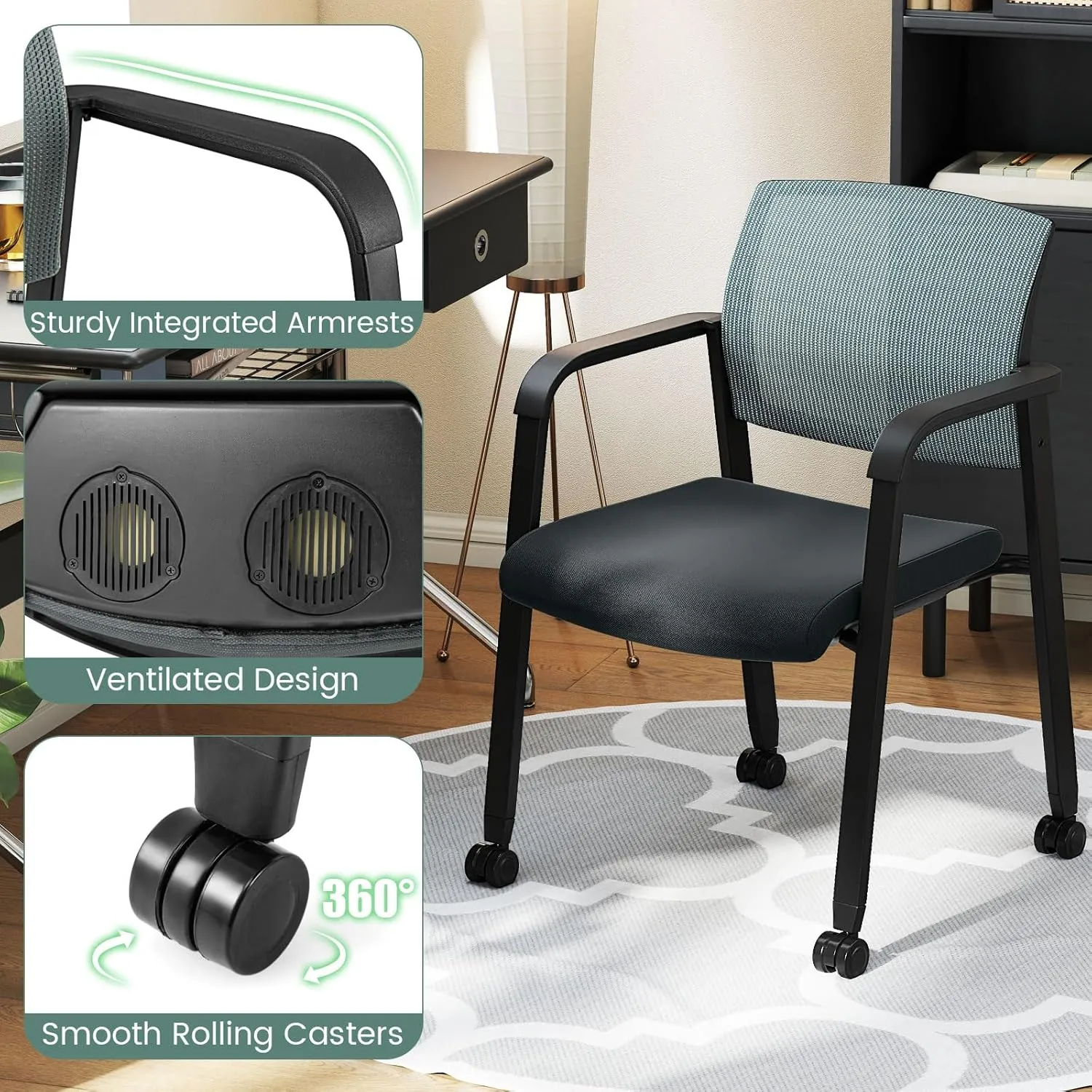 Tangkula Rolling Conference Room Chairs Set of 10, Stackable Office Guest Mesh Chairs with Armrests and Wheels, Ideal for Waiting Room Office, School, Lobby (Grey)