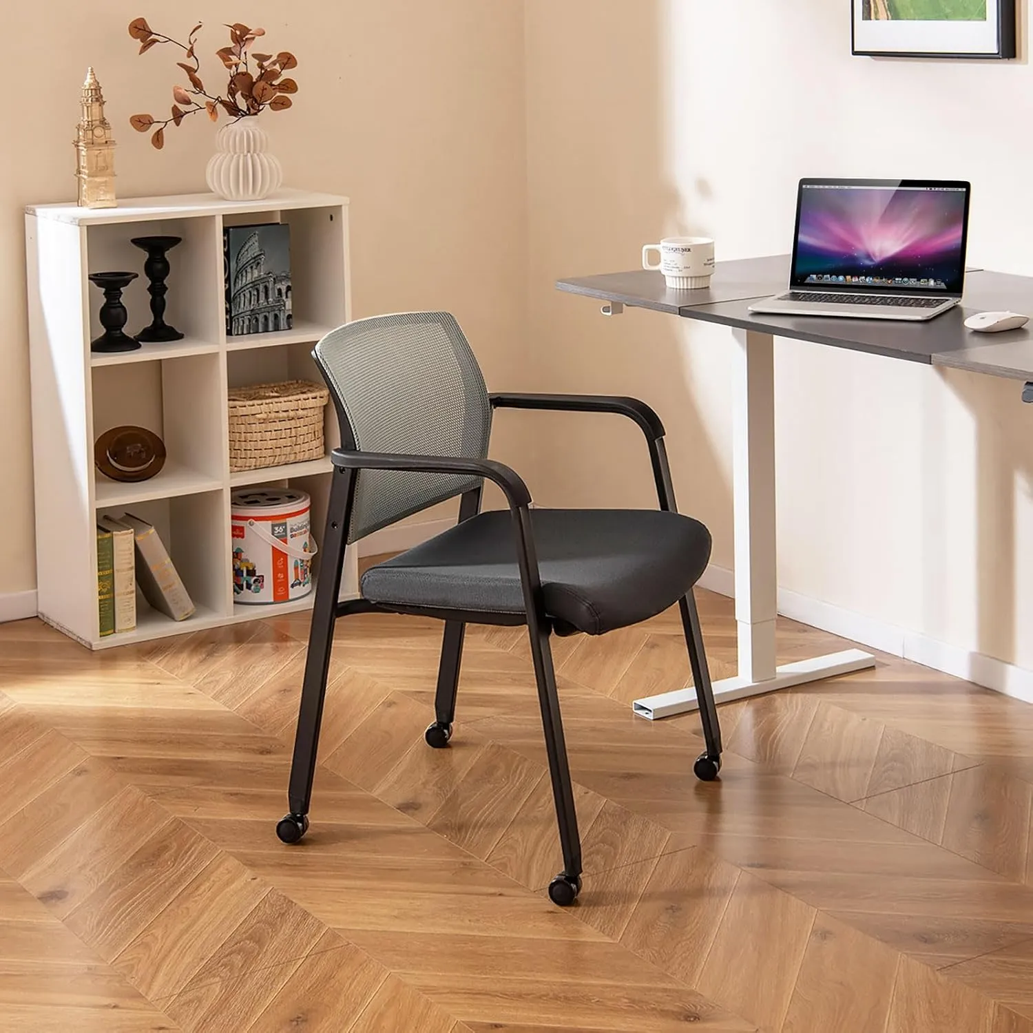 Tangkula Rolling Conference Room Chairs Set of 10, Stackable Office Guest Mesh Chairs with Armrests and Wheels, Ideal for Waiting Room Office, School, Lobby (Grey)