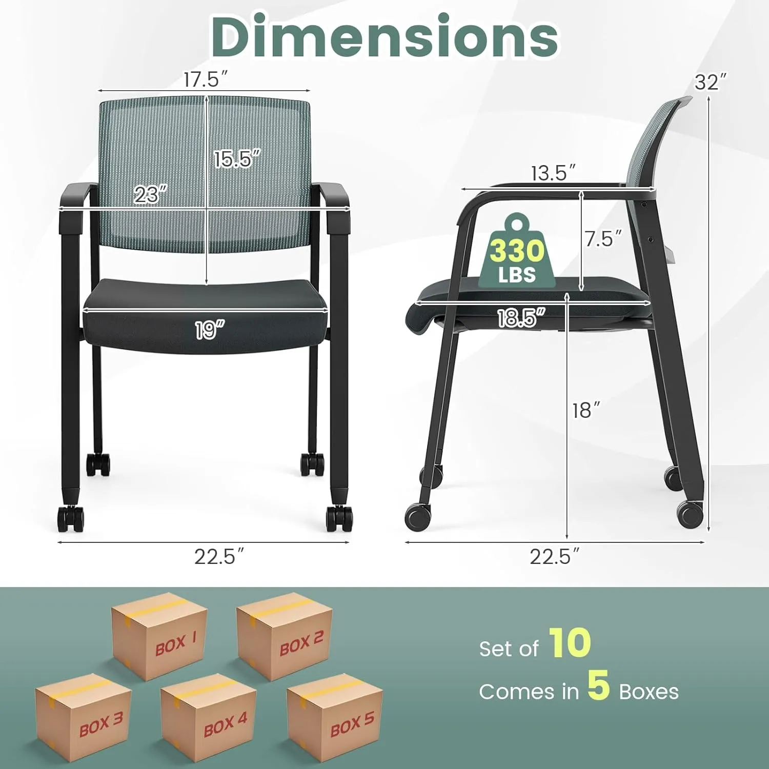 Tangkula Rolling Conference Room Chairs Set of 10, Stackable Office Guest Mesh Chairs with Armrests and Wheels, Ideal for Waiting Room Office, School, Lobby (Grey)