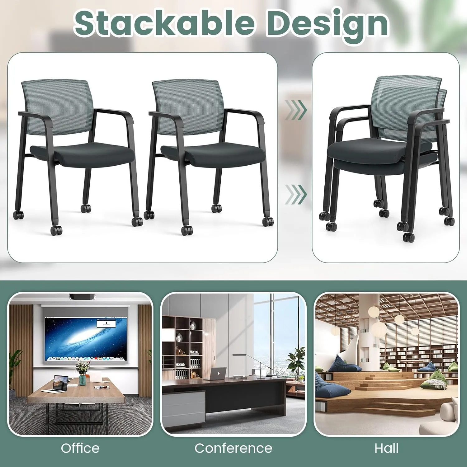 Tangkula Rolling Conference Room Chairs Set of 10, Stackable Office Guest Mesh Chairs with Armrests and Wheels, Ideal for Waiting Room Office, School, Lobby (Grey)